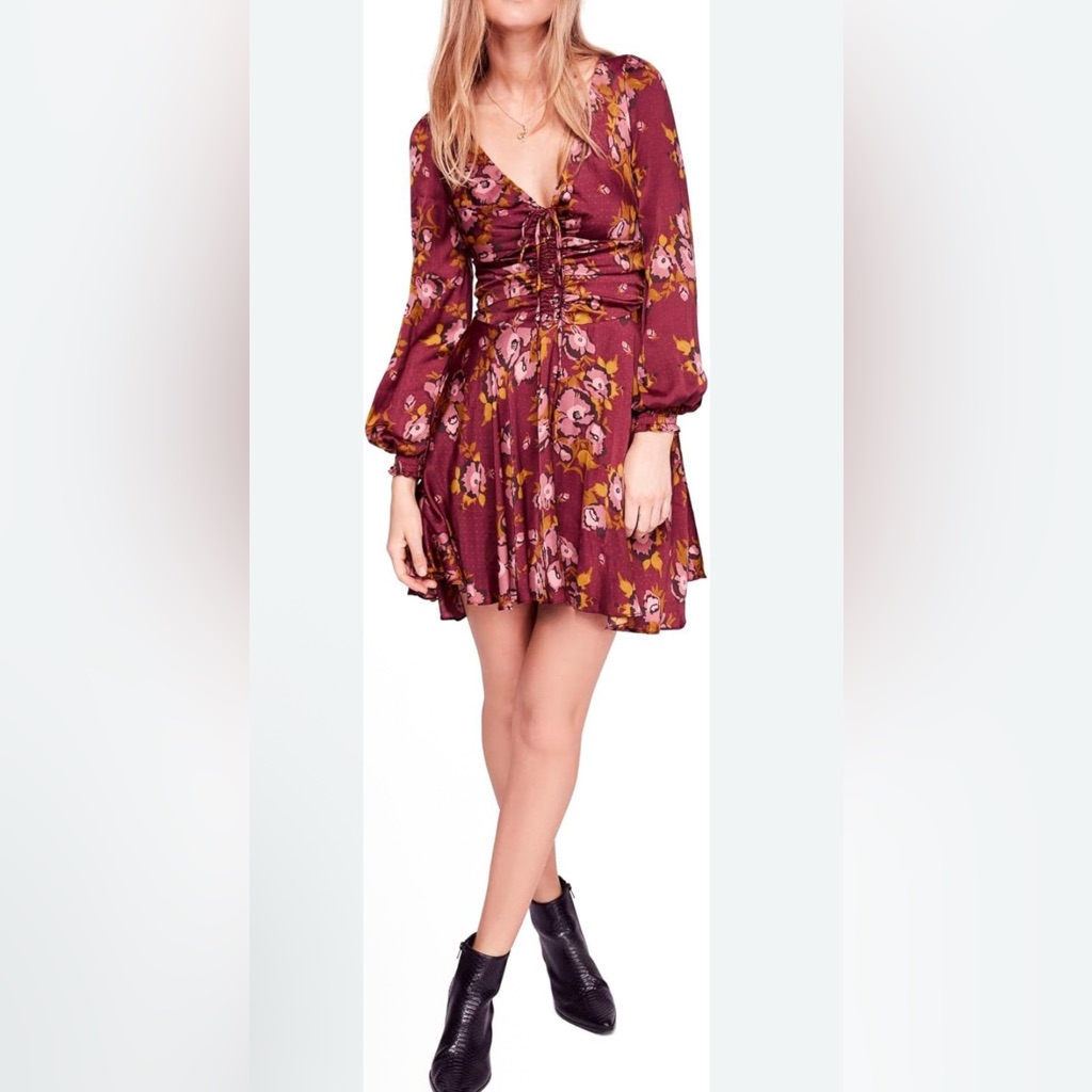 Free People Floral Long Sleeve Dress - Burgundy And Yellow